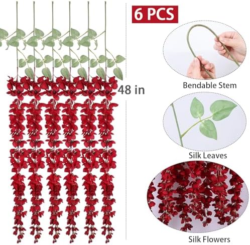 Mizii 6Pcs Burgundy Wisteria Artificial Garland Flowers