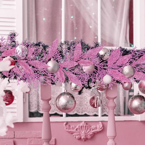 Winlyn 30 Pcs Pink Glitter Christmas Decor Artificial Leaf Sprays