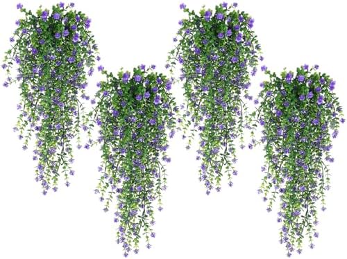 SJL Artificial Hanging Plants 4pcs Purple Faux Ivy Eucalyptus Decor