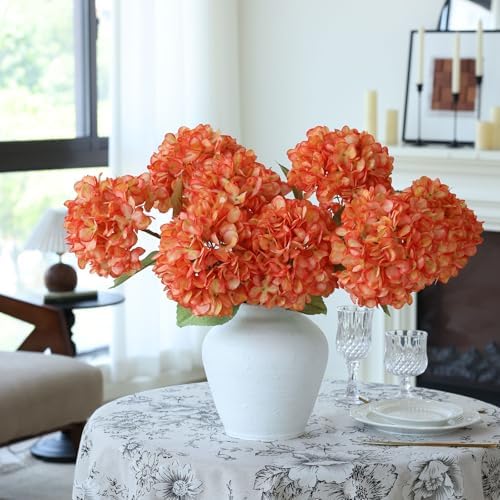 Mizii 4Pcs Orange Artificial Hydrangea with Leaves and Stems