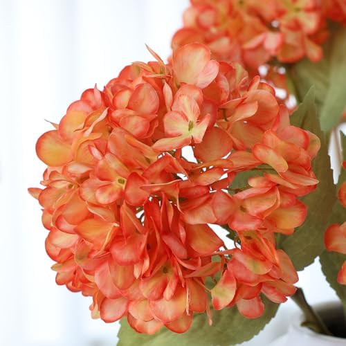 Mizii 4Pcs Orange Artificial Hydrangea with Leaves and Stems