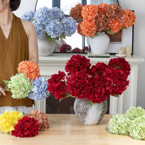 Mizii 4Pcs Orange Artificial Hydrangea with Leaves and Stems