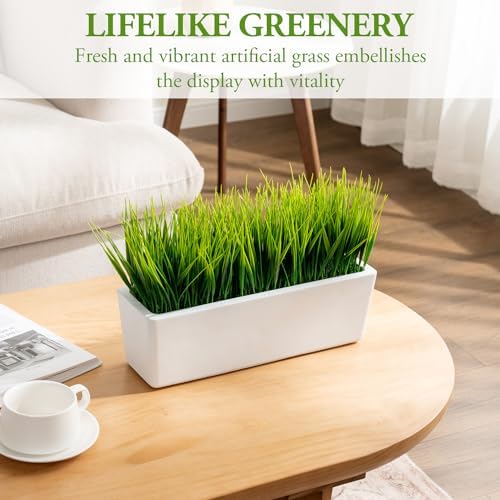 MyGift 14 Inch Artificial Green Grass in White Concrete Planter