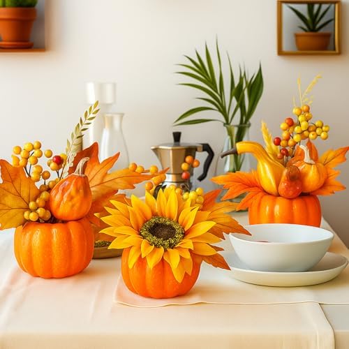 BigOtters Artificial Pumpkins with Sunflowers and Maple Leaves