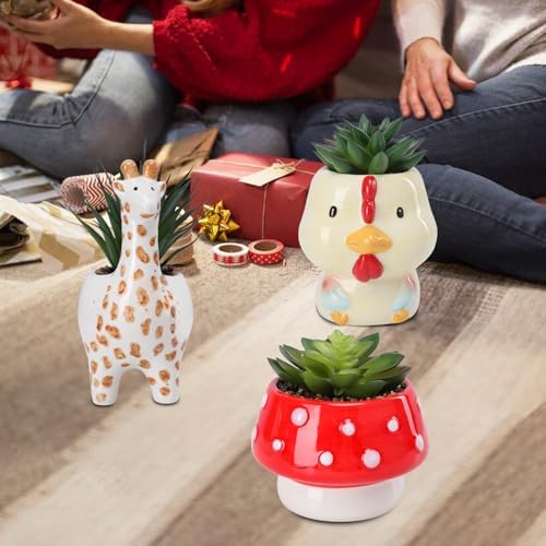 Chonsun Set of 3 Small Fake Succulent Plants in Cute Animal Ceramic Pots