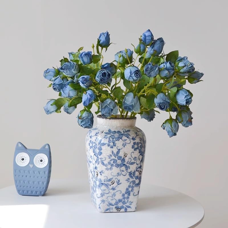 Urier 7 Heads Artificial Flowers Dried Roses Set 3Pcs Blue