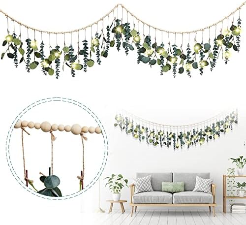 Eucalyptus Wall Decor with LED Lights and Wooden Beads