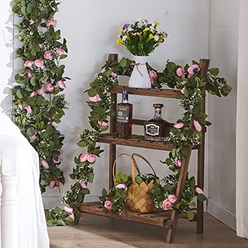 PONKING Artificial Rose Vine Flower Garland with Green Leaves