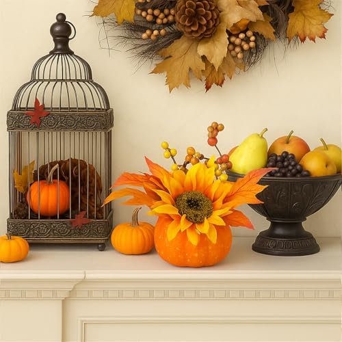 BigOtters Artificial Pumpkins with Sunflowers and Maple Leaves