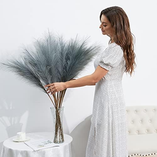 FOTEEWL 8 Pc Faux Pampas Grass Decor Grey