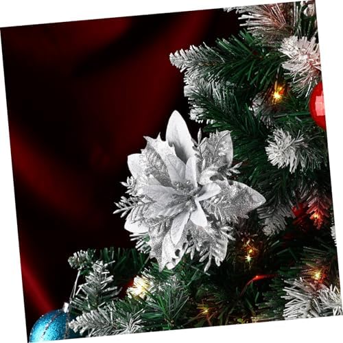 Christmas Glitter Poinsettia Artificial Flowers with Clips and Stems