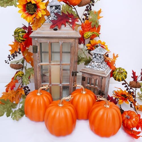 Winlyn 4 Pcs Artificial Orange Pumpkins Fall Decor