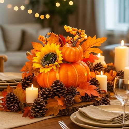 BigOtters 7 Inch Artificial Pumpkin with Sunflower and Maple Leaves