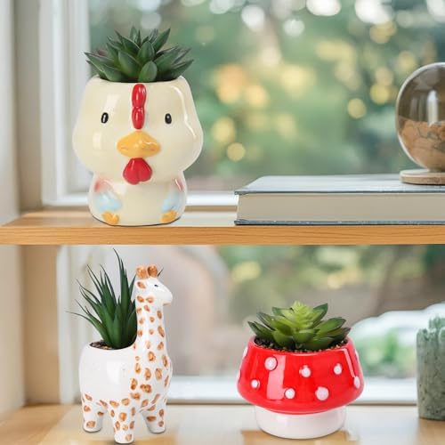 Chonsun Set of 3 Small Fake Succulent Plants in Cute Animal Ceramic Pots