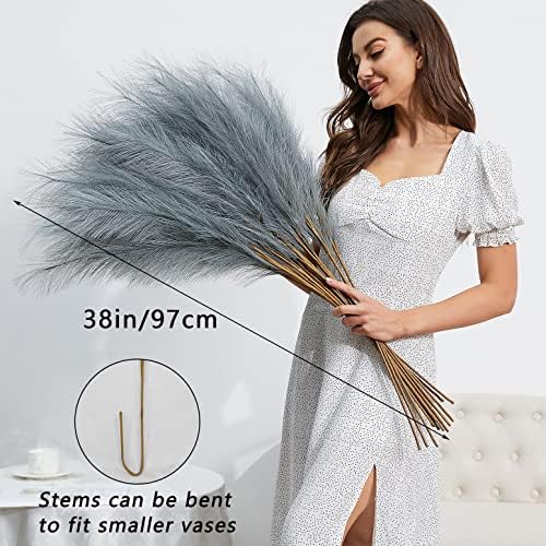 FOTEEWL 8 Pc Faux Pampas Grass Decor Grey