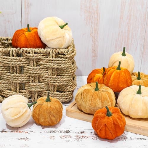 Whaline 12Pcs Velvet Pumpkin Artificial Decor 2 Sizes