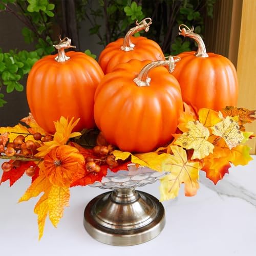 Winlyn 4 Pcs Artificial Orange Pumpkins Fall Decor