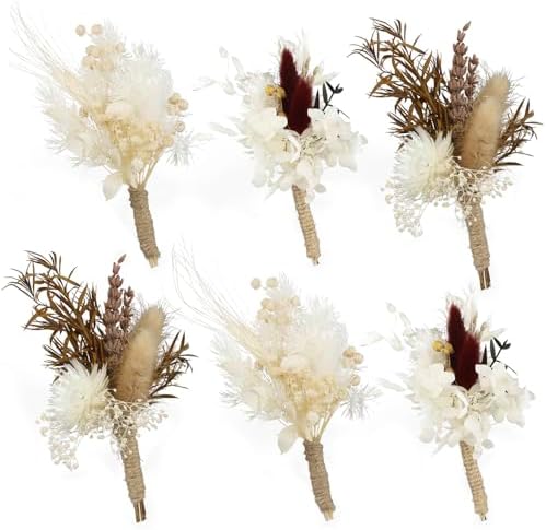 Rinlong 6Pcs Assorted Dried Flower Boutonniere for Men