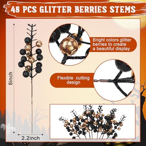 48 Pcs Halloween Glitter Berry Stem Decor