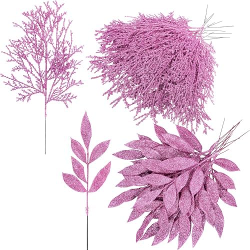 Winlyn 30 Pcs Pink Glitter Christmas Decor Artificial Leaf Sprays
