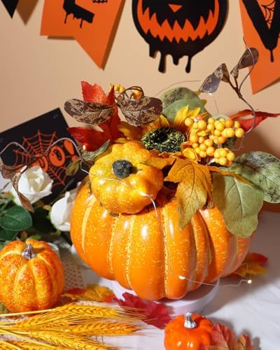 Vensovo Artificial Pumpkin Table Centerpiece - 8 Inch Faux Orange for Halloween Thanksgiving