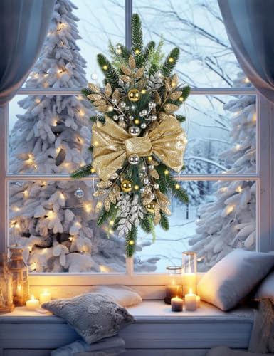 IPOPU Light Up Christmas Swag Wreath Gold