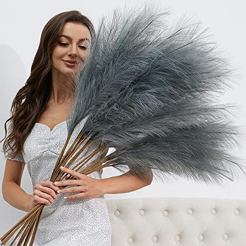 FOTEEWL 8 Pc Faux Pampas Grass Decor Grey