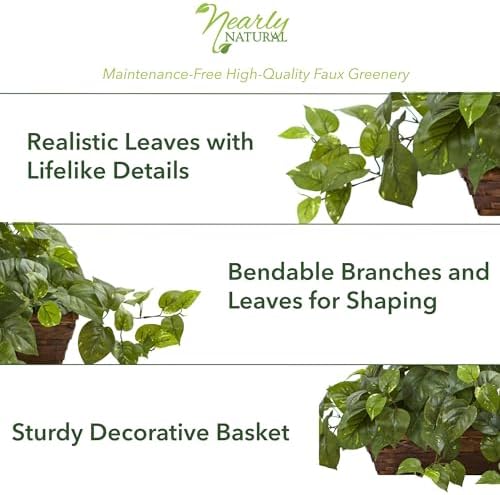 Nearly Natural Pothos Plant with Ledge Basket Green