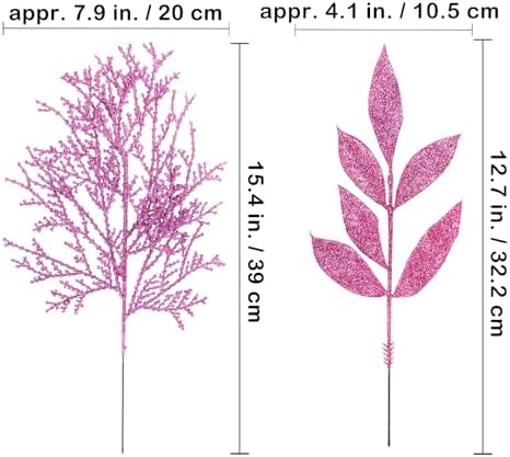 Winlyn 30 Pcs Pink Glitter Christmas Decor Artificial Leaf Sprays