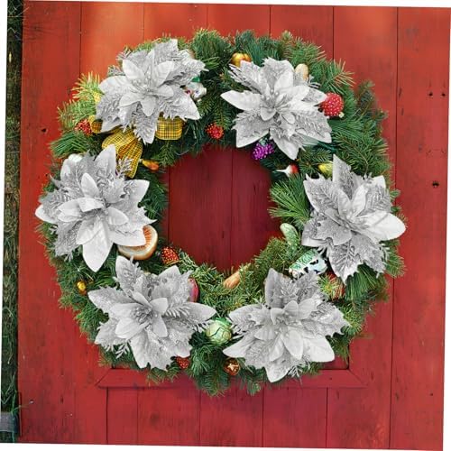 Christmas Glitter Poinsettia Artificial Flowers with Clips and Stems