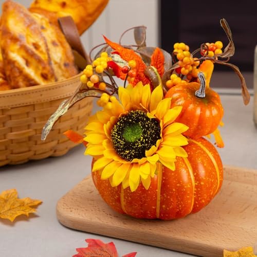 BigOtters 7 Inch Artificial Pumpkin with Sunflower and Maple Leaves