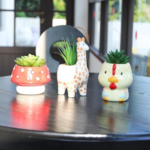 Chonsun Set of 3 Small Fake Succulent Plants in Cute Animal Ceramic Pots