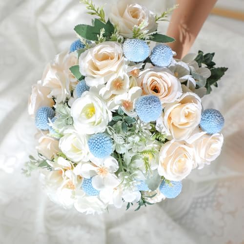 Janinka 40 Pcs Artificial Blue Billy Button Balls Flowers