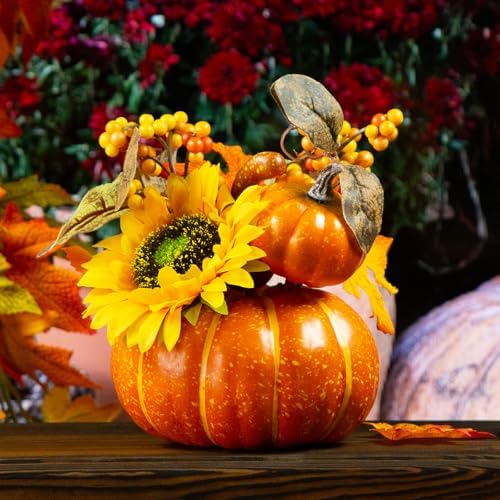 BigOtters 7 Inch Artificial Pumpkin with Sunflower and Maple Leaves