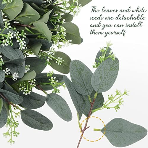 Janinka 100 Pcs Mixed Eucalyptus Artificial Leaves with White Seeds and Stems