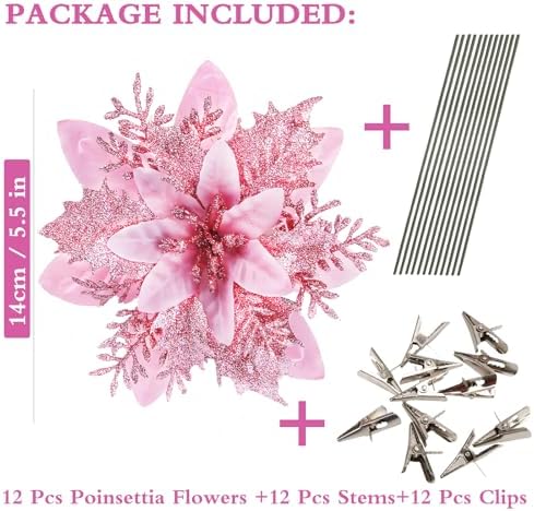 GREENTIME 12 Pcs Pink Glitter Poinsettia Artificial Christmas Flowers with Clips
