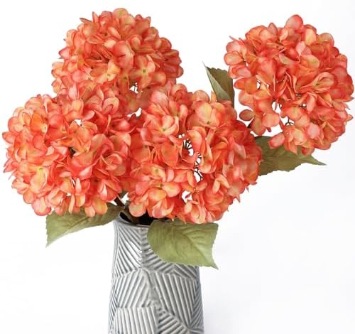 Mizii 4Pcs Orange Artificial Hydrangea with Leaves and Stems