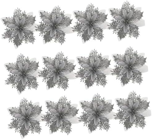 Christmas Glitter Poinsettia Artificial Flowers with Clips and Stems