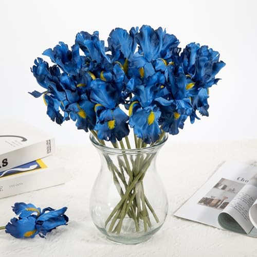 Hollyone Iris Artificial Flowers 15Pcs Blue 142 Inch Real Touch Bouquet