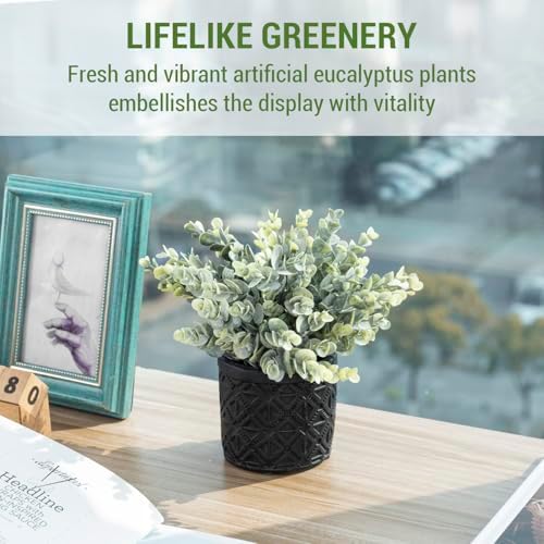 MyGift Artificial Eucalyptus Plant in Gray Concrete Pots with Geometric Pattern