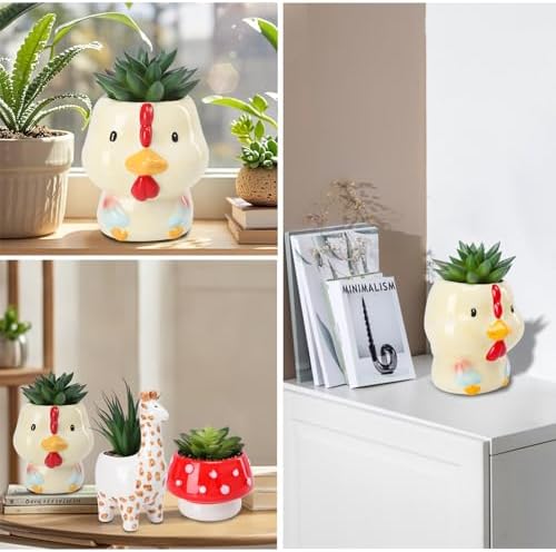 Chonsun Set of 3 Small Fake Succulent Plants in Cute Animal Ceramic Pots