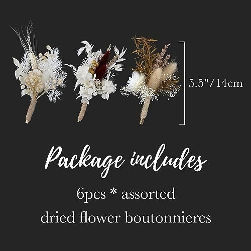 Rinlong 6Pcs Assorted Dried Flower Boutonniere for Men