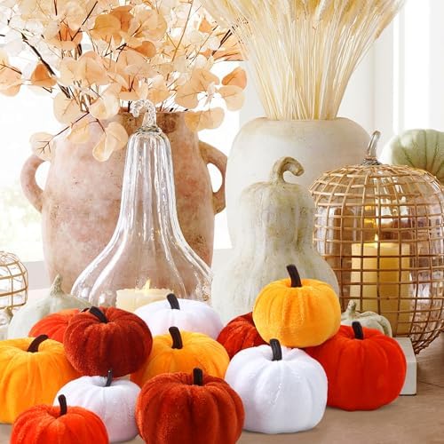 SITUMEIZI 12 Pcs Velvet Foam Pumpkins for Fall Decor