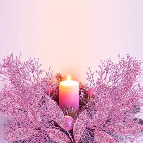 Winlyn 30 Pcs Pink Glitter Christmas Decor Artificial Leaf Sprays