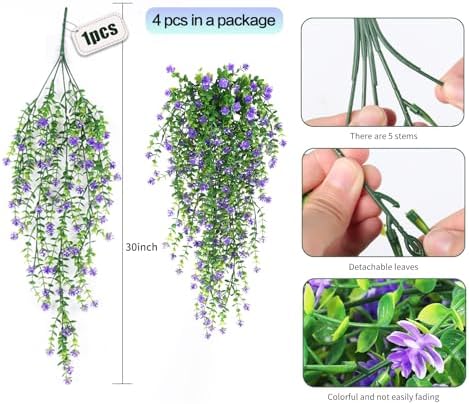SJL Artificial Hanging Plants 4pcs Purple Faux Ivy Eucalyptus Decor