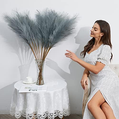 FOTEEWL 8 Pc Faux Pampas Grass Decor Grey