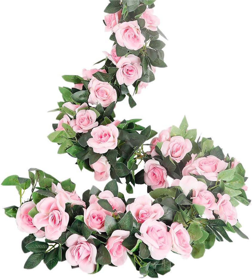 LESING Pink Artificial Rose Vines Garlands 4PCS 288FT