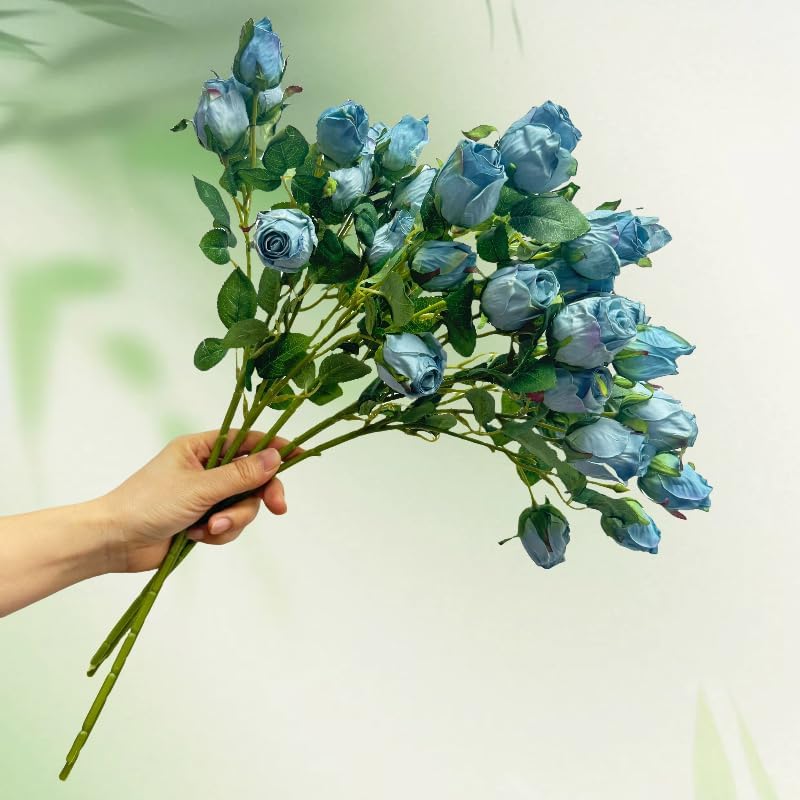 Urier 7 Heads Artificial Flowers Dried Roses Set 3Pcs Blue