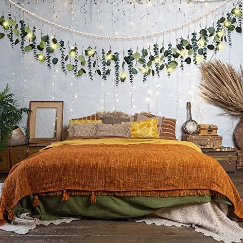 Eucalyptus Wall Decor with LED Lights and Wooden Beads