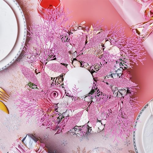 Winlyn 30 Pcs Pink Glitter Christmas Decor Artificial Leaf Sprays